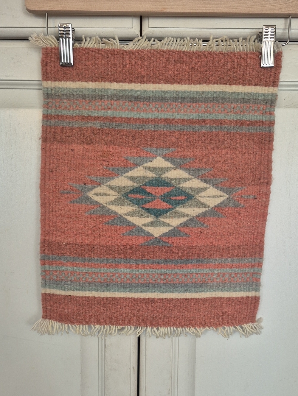 Handwoven Southwestern Wool Wall Tapestry - Coral and Cream